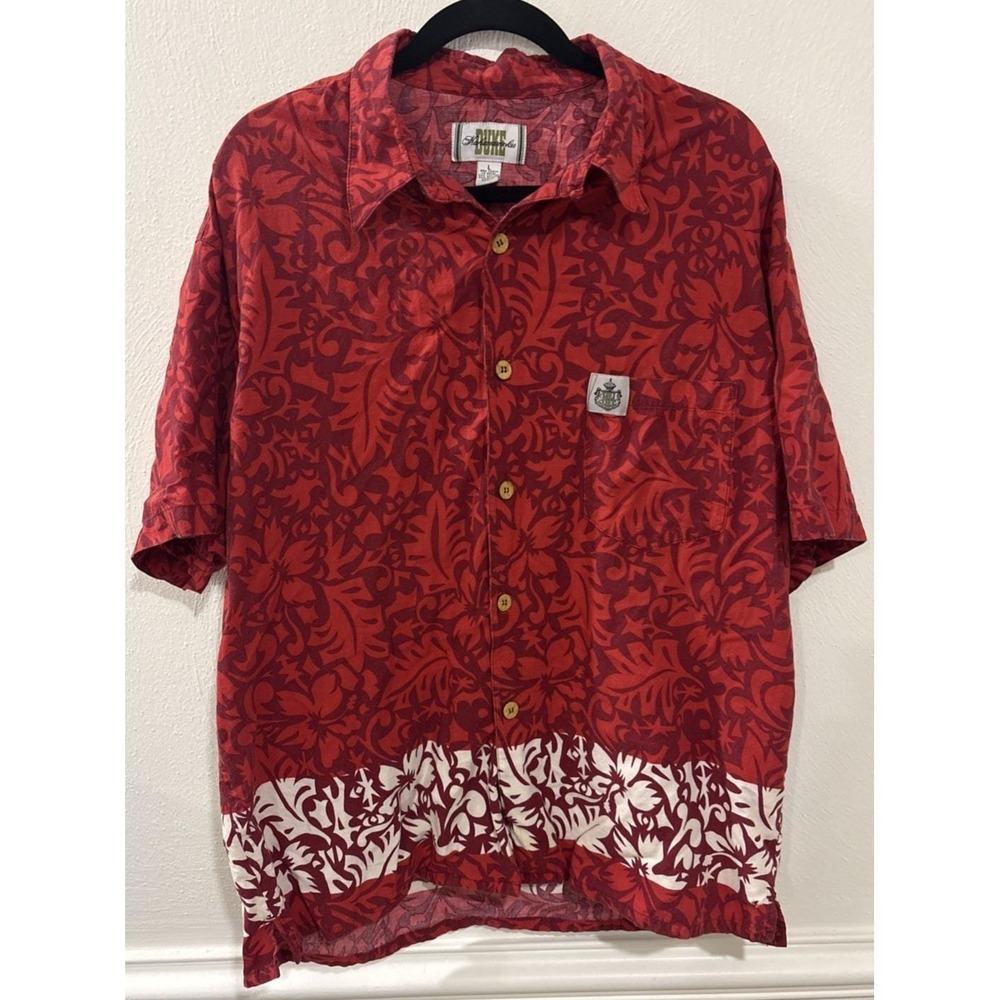 VTG Duke Kahanamoku Hawaiian Shirt Mens Large Red Silk Aloha Button Up 90s